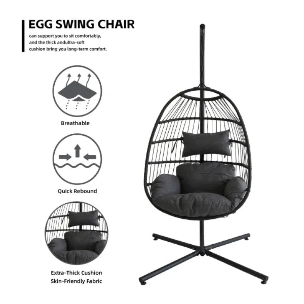 Black egg swing chair with cushions on a white background, featuring text and icons about its features.
