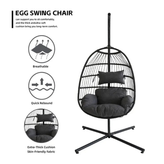 Black egg swing chair with cushions on a white background, featuring text and icons about its features.