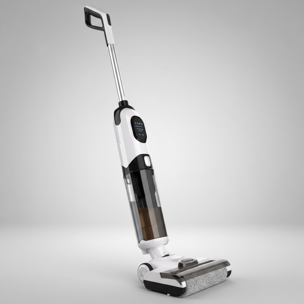 White and black cordless vacuum cleaner on a white background