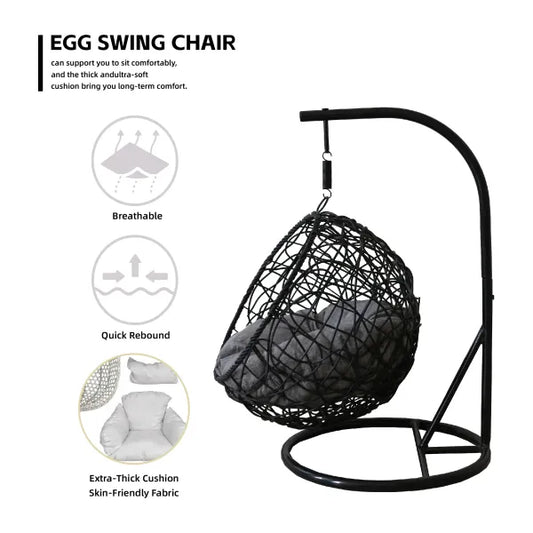 Black egg swing chair with features highlighted on a white background