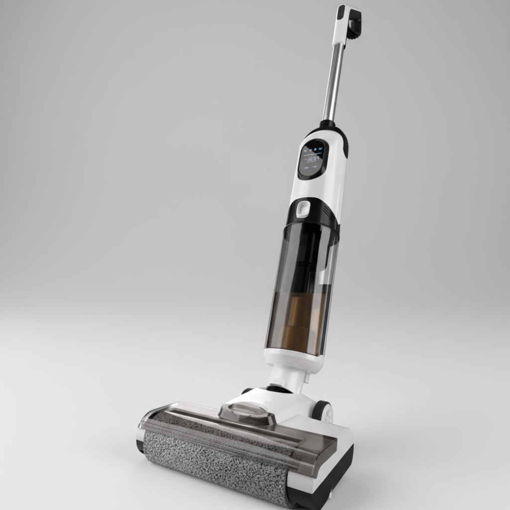 White and black vacuum cleaner on a white background
