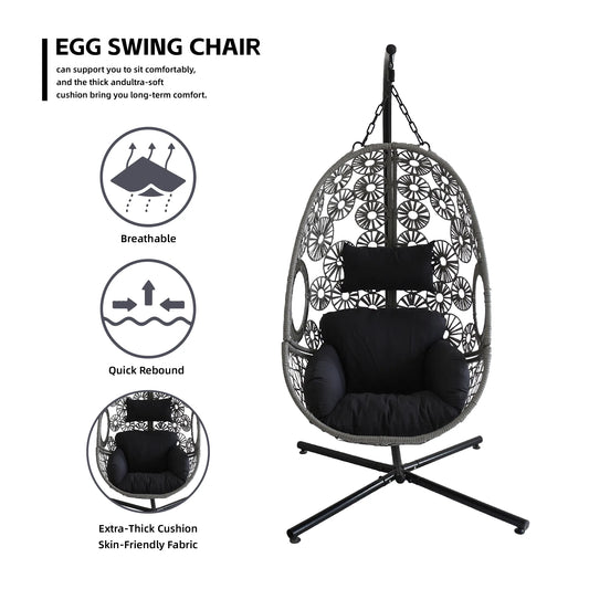 Egg swing chair with black cushion on a white background, featuring text and icons about its features.