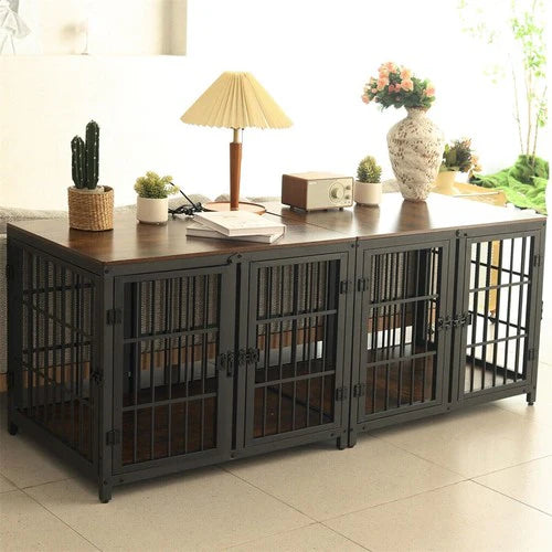 4-Door Dog Crate End Table 90cm | Heavy Duty Furniture Kennel with Divider