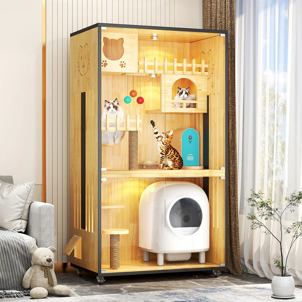 Multi-Level Cat Cabinet 185cm | Glass Door Enclosure with LED Lights