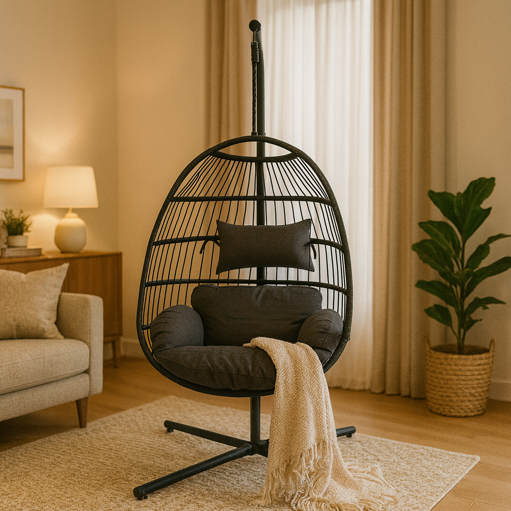Black egg-shaped chair in a cozy living room with beige walls and decor.