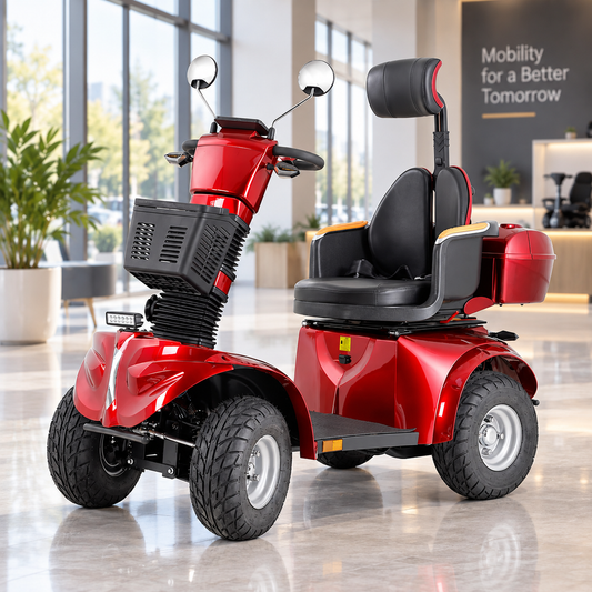 Red DJD2D foldable mobility scooter with semi-wrapped seat, headrest, basket and rear storage box in a bright showroom
