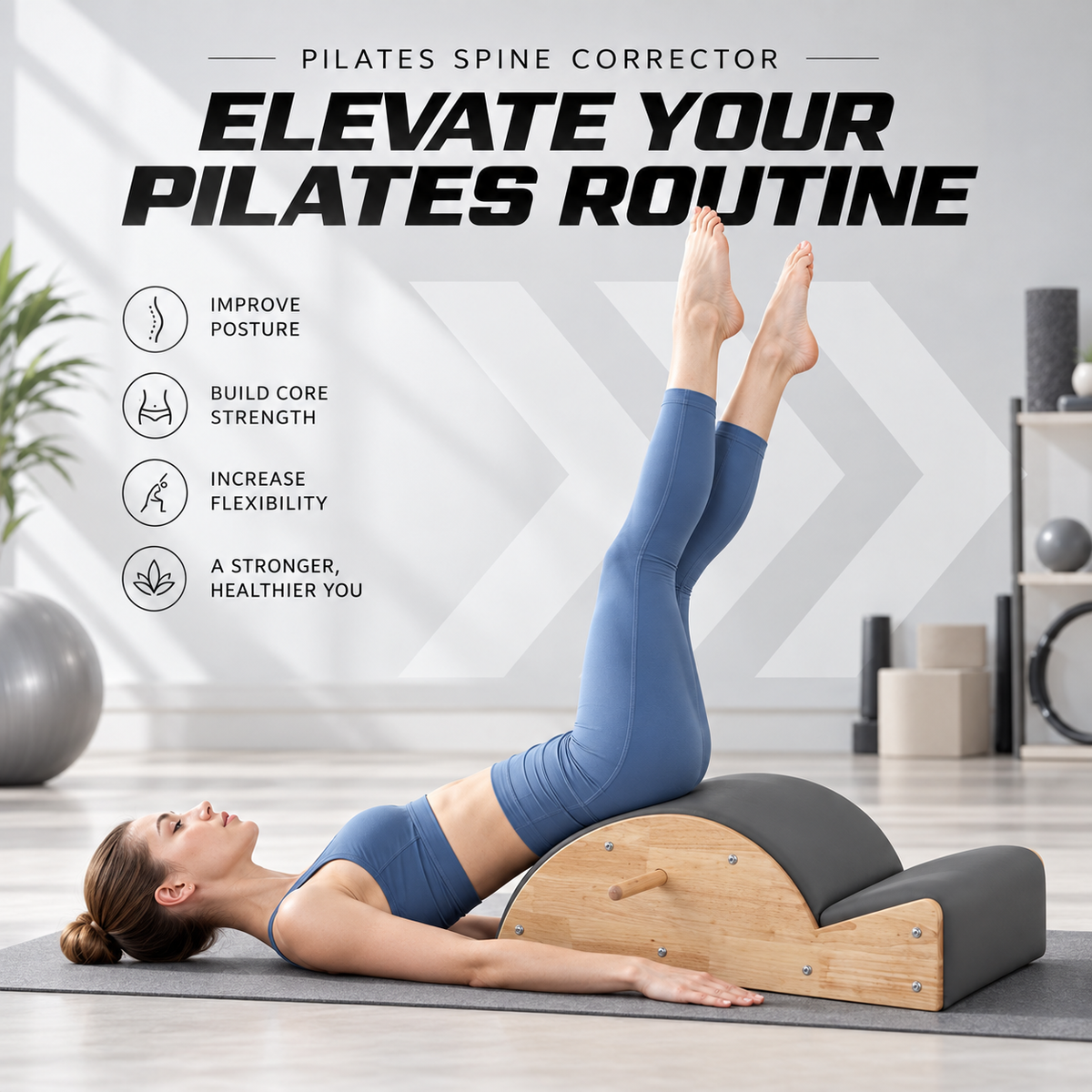 Woman lying with hips on a grey rubberwood Pilates spine corrector, legs raised, beside posture and core icons