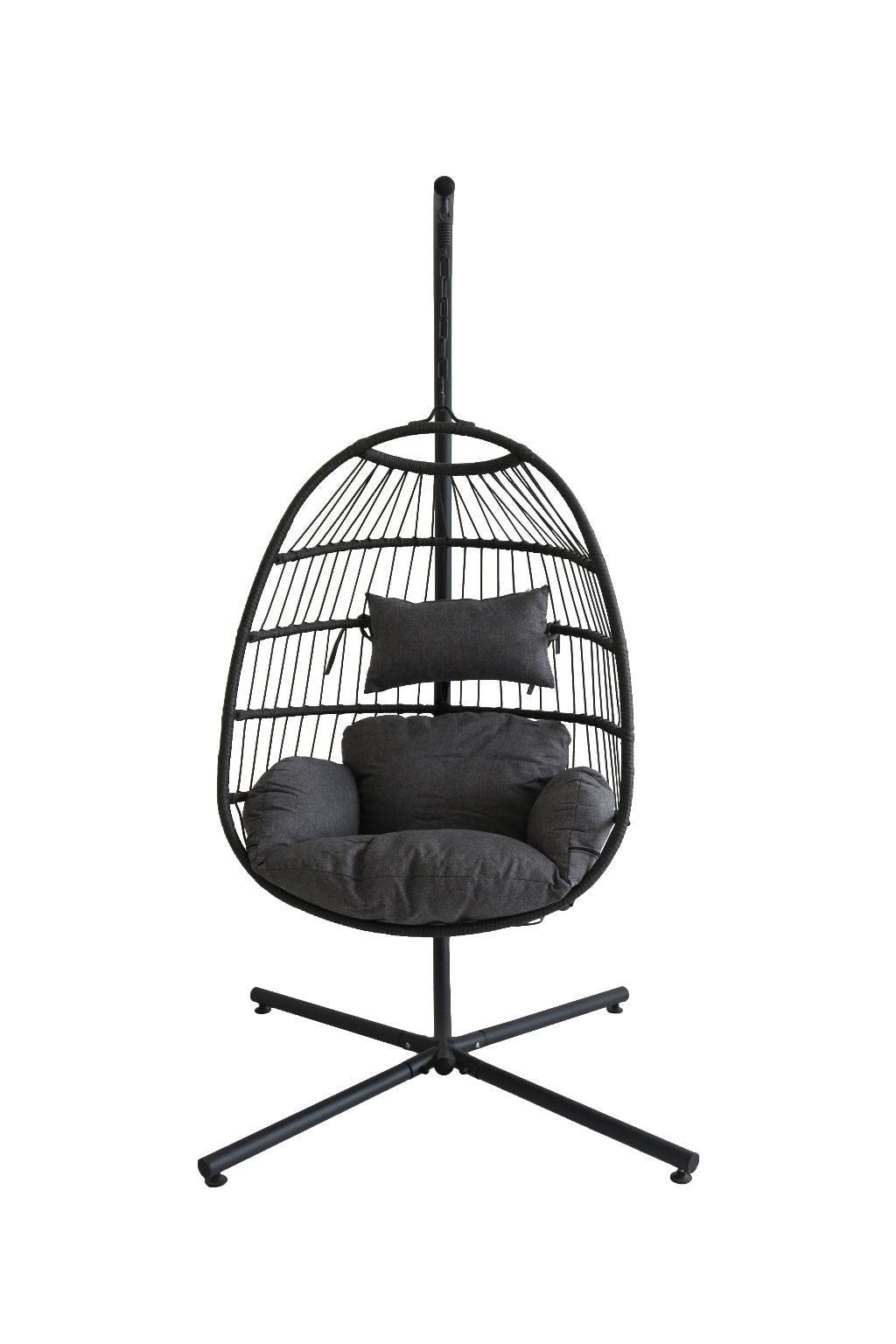 Black hanging egg chair with cushions on a white background