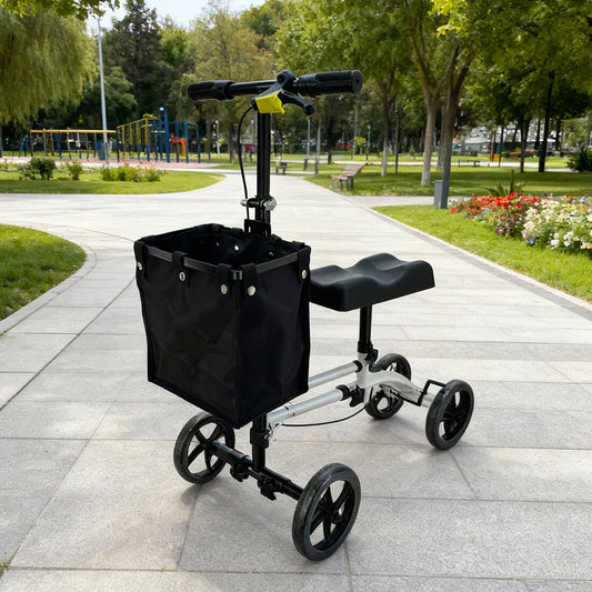 Foldable Knee Scooter Walker with Storage Bag – Adjustable Height, Stable Braking, Portable Mobility Aid