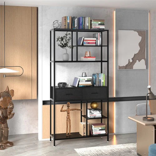 Tall Bookshelf 180cm | Industrial Display Shelf with 2 Drawers