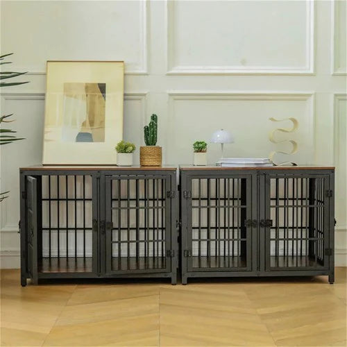 4-Door Dog Crate End Table 90cm | Heavy Duty Furniture Kennel with Divider