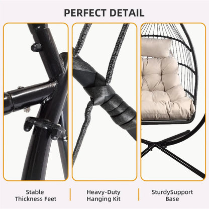Foldable Rattan Egg Chair – Steel Frame & Hanging Stand