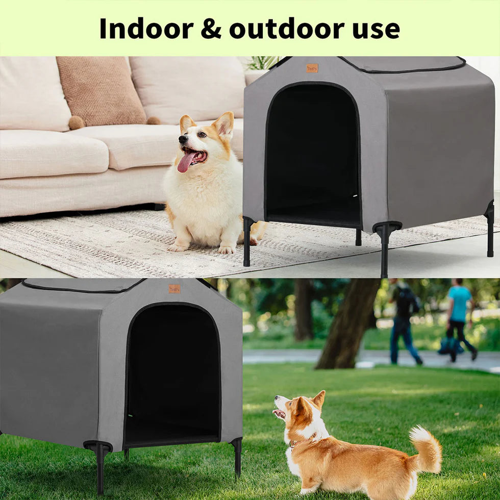 2-in-1 Elevated Dog House | Outdoor Pet Tent with Waterproof Canopy
