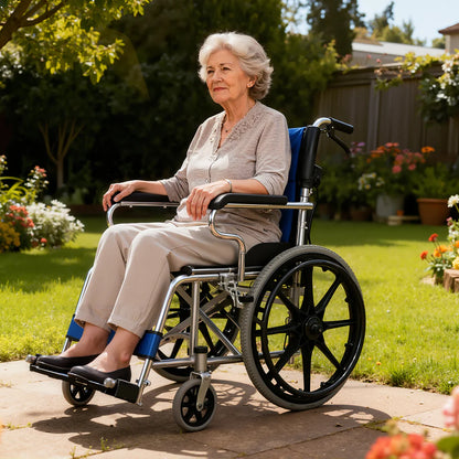 20" Foldable Blue Wheelchair with Parking Brake – Heavy-Duty Load-Bearing 150kg