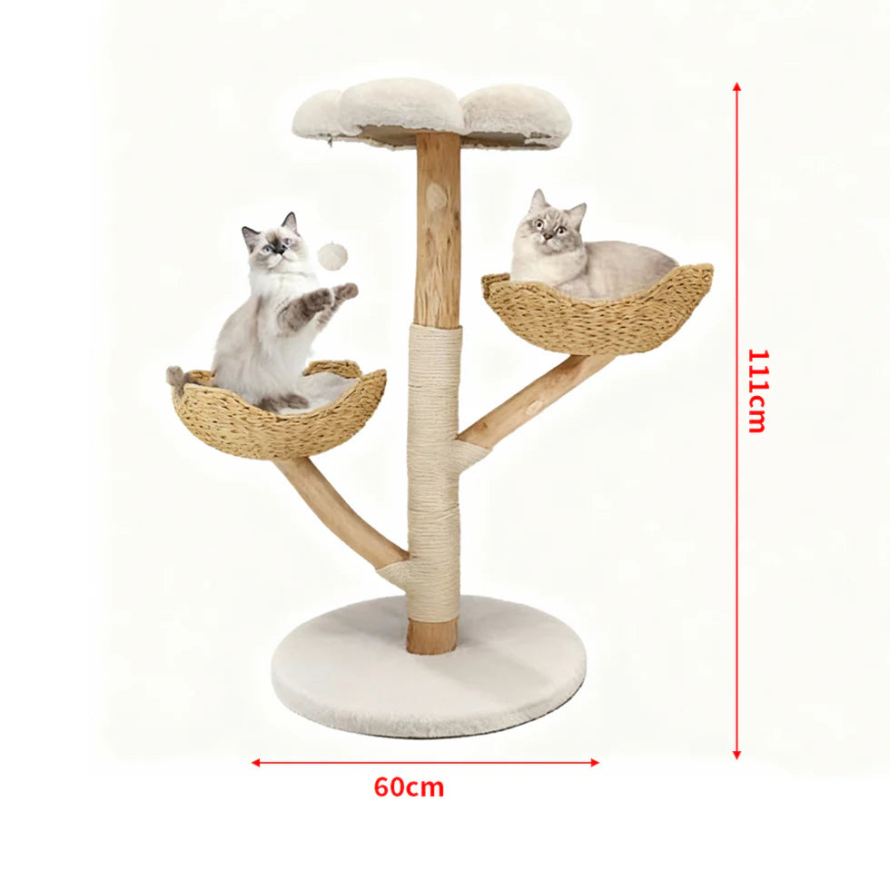 Large Multi-Level Cat Tree 111cm | Natural Wood Activity Tower