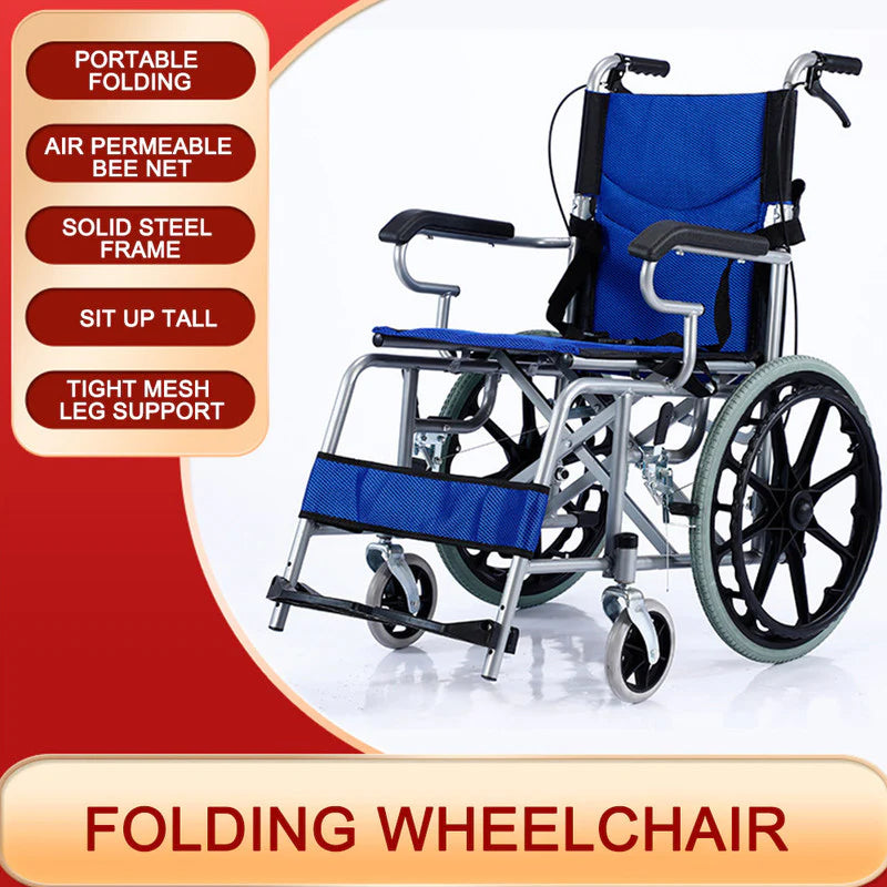 20" Foldable Blue Wheelchair with Parking Brake – Heavy-Duty Load-Bearing 150kg