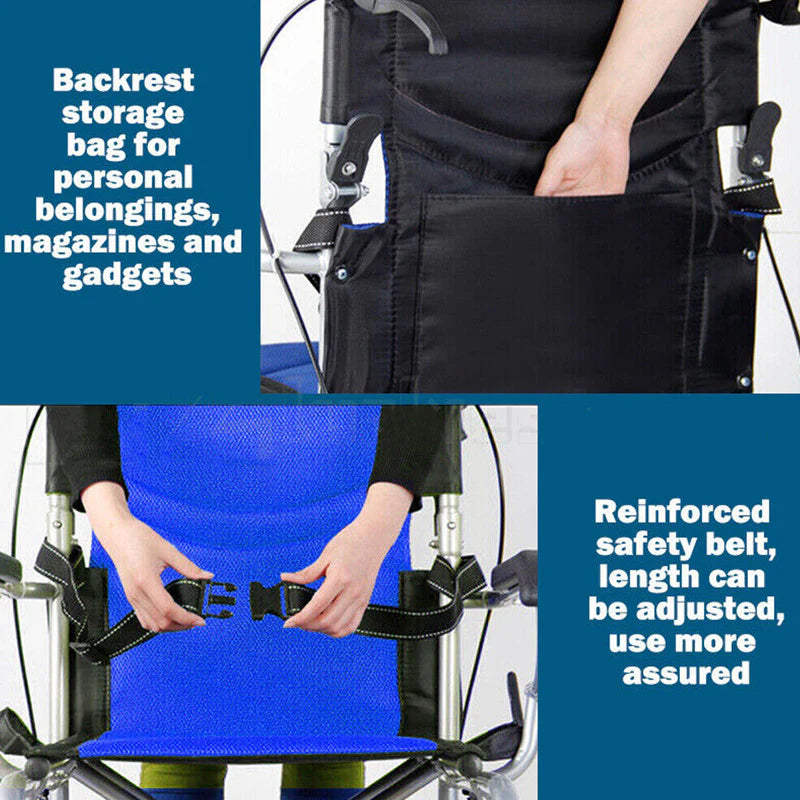 20" Foldable Blue Wheelchair with Parking Brake – Heavy-Duty Load-Bearing 150kg