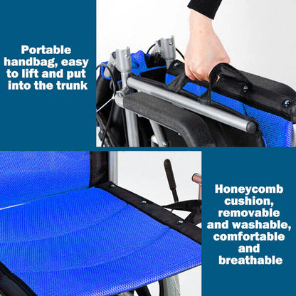 20" Foldable Blue Wheelchair with Parking Brake – Heavy-Duty Load-Bearing 150kg