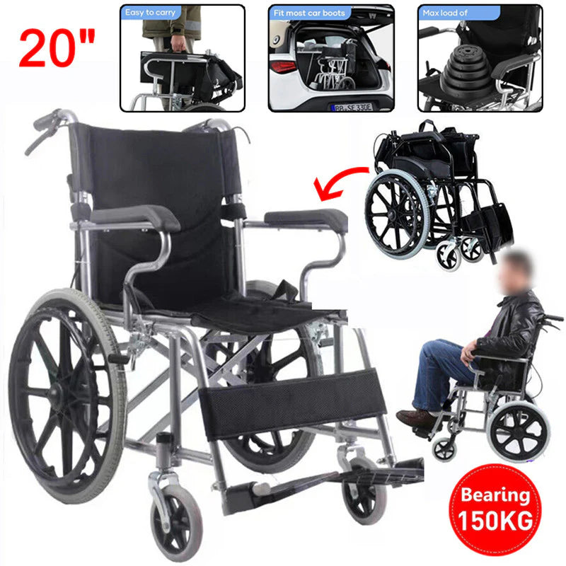 20" Foldable Wheelchair with Parking Brake – Heavy-Duty Load-Bearing 150kg