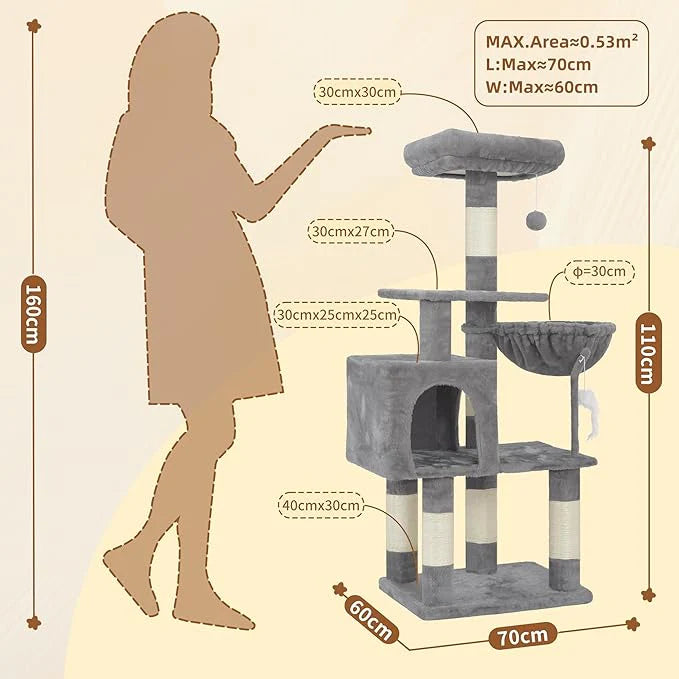 110cm Cat Tree Tower | Multi-Level Climbing Frame with Hammock