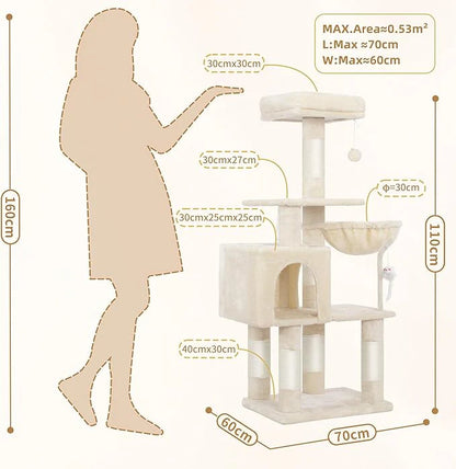 110cm Cat Tree Tower | Multi-Level Climbing Frame with Hammock