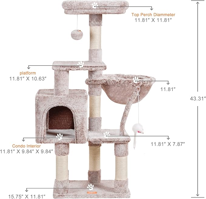 110cm Cat Tree Tower | Multi-Level Climbing Frame with Hammock
