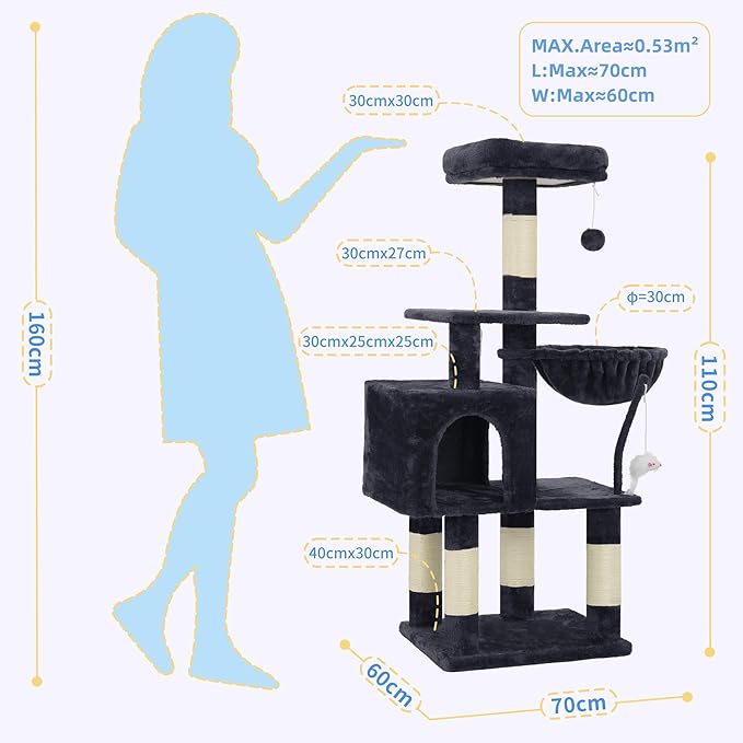 110cm Cat Tree Tower | Multi-Level Climbing Frame with Hammock