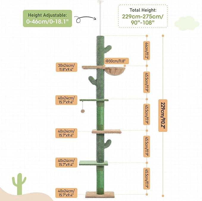 Floor-to-Ceiling Cat Tree 275cm | Adjustable Cactus Tower Green