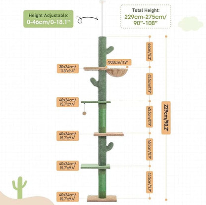 Floor-to-Ceiling Cat Tree 275cm | Adjustable Cactus Tower Green