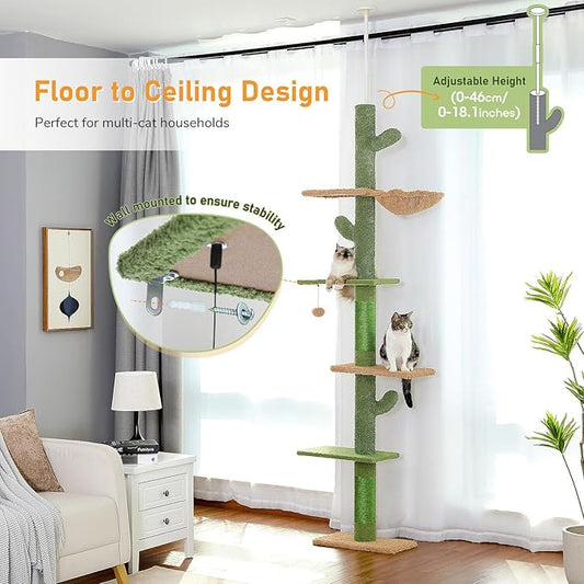 Floor-to-Ceiling Cat Tree 275cm | Adjustable Cactus Tower Green