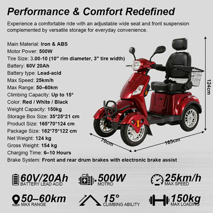 Wheel Electric Mobility Scooter — 500W 60V, 150kg Capacity-B034