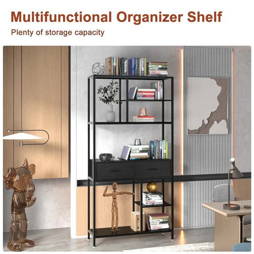 Tall Bookshelf 180cm | Industrial Display Shelf with 2 Drawers