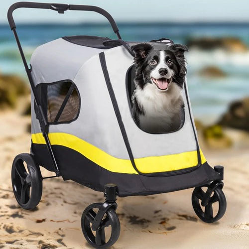 Large Folding Dog Stroller | 4-Wheel Pet Carriage with Rain Cover
