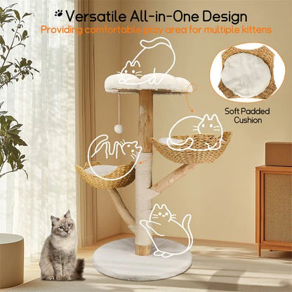 Large Multi-Level Cat Tree 111cm | Natural Wood Activity Tower