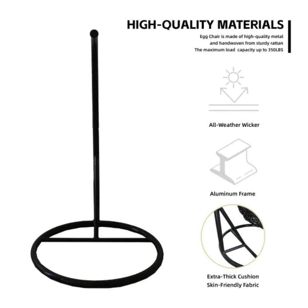 Black egg chair with material specifications on a white background