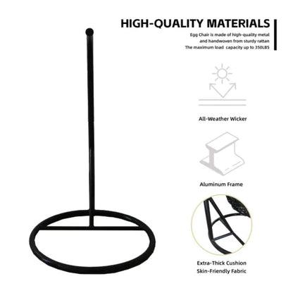 Black egg chair with material specifications on a white background