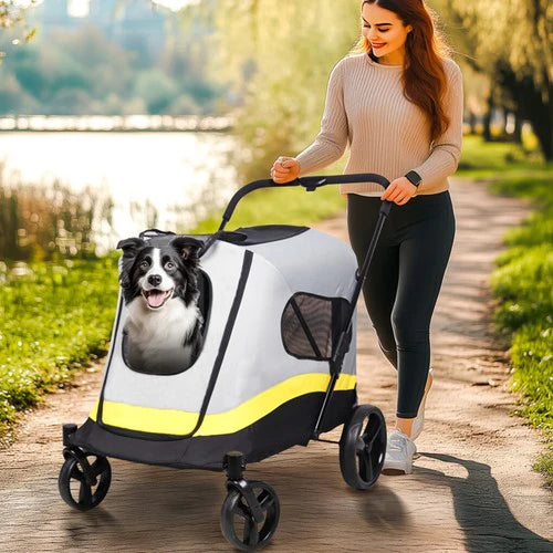 Large Folding Dog Stroller | 4-Wheel Pet Carriage with Rain Cover