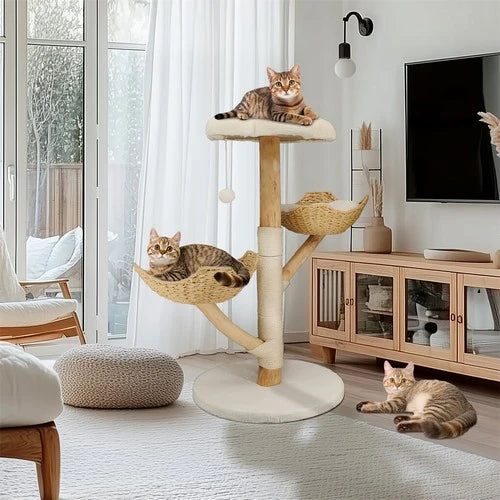 Large Multi-Level Cat Tree 111cm | Natural Wood Activity Tower