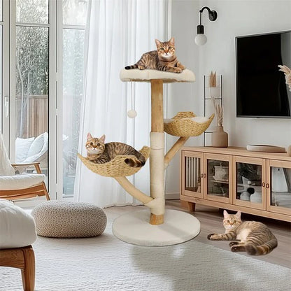 Large Multi-Level Cat Tree 111cm | Natural Wood Activity Tower