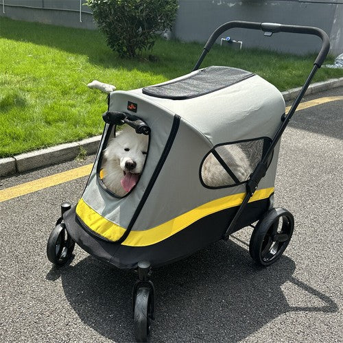 Large Folding Dog Stroller | 4-Wheel Pet Carriage with Rain Cover