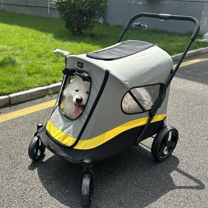 Large Folding Dog Stroller | 4-Wheel Pet Carriage with Rain Cover