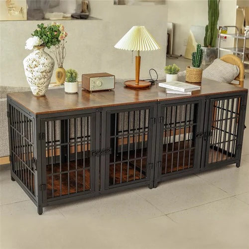4-Door Dog Crate End Table 90cm | Heavy Duty Furniture Kennel with Divider