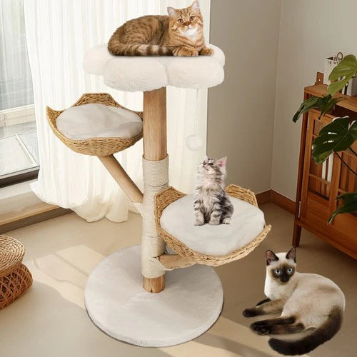 Large Multi-Level Cat Tree 111cm | Natural Wood Activity Tower