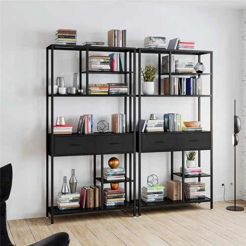 Tall Bookshelf 180cm | Industrial Display Shelf with 2 Drawers