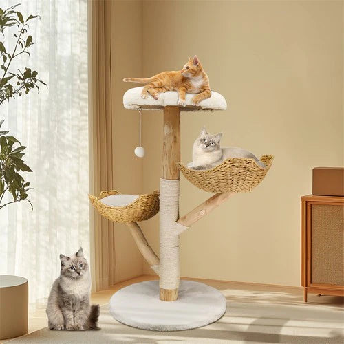 Large Multi-Level Cat Tree 111cm | Natural Wood Activity Tower