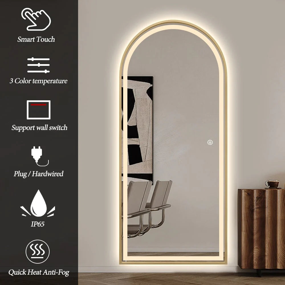 Arched LED Full-Length Mirror 180x80cm - Gold Frame Dimmable - FLM62