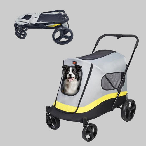 Large Folding Dog Stroller | 4-Wheel Pet Carriage with Rain Cover