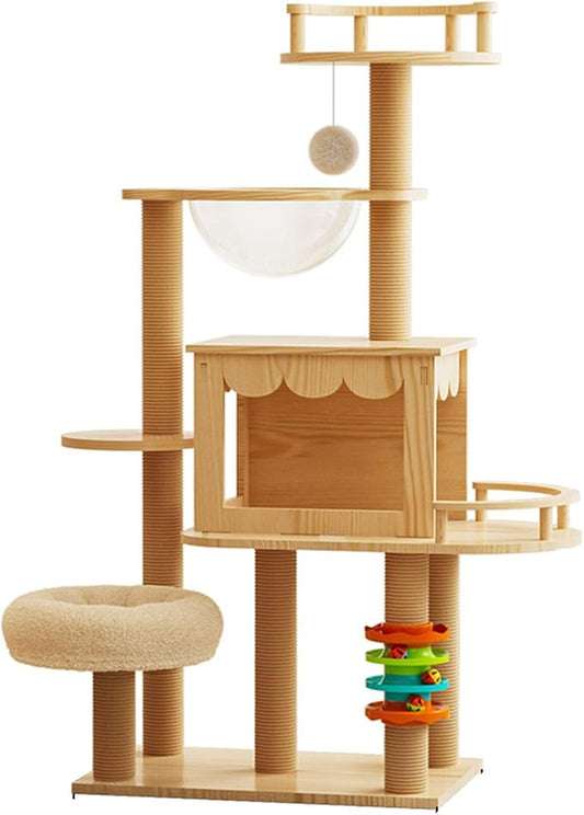 Multi-Level Wooden Cat Climbing Tree - Interactive Feline Playground