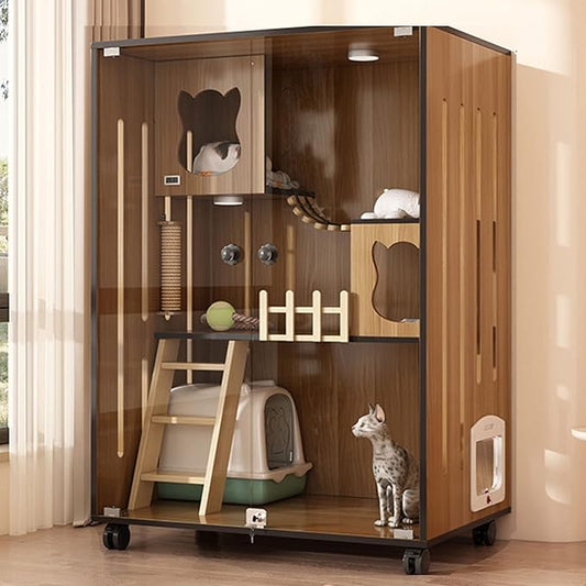 Luxury Wooden Cat House with Glass Doors - Modern Pet Enclosure