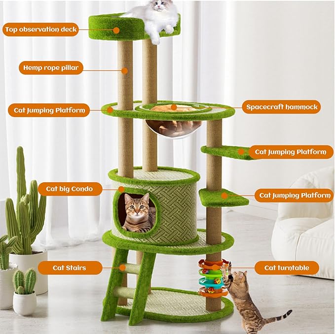 Cat Turntable Modern Cat Tree Tower - 139.7cm Tall Multi-Level Condo